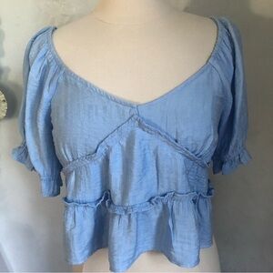 Urban Romantics blue crop top with tie in the back & ruffle trim & Size Large